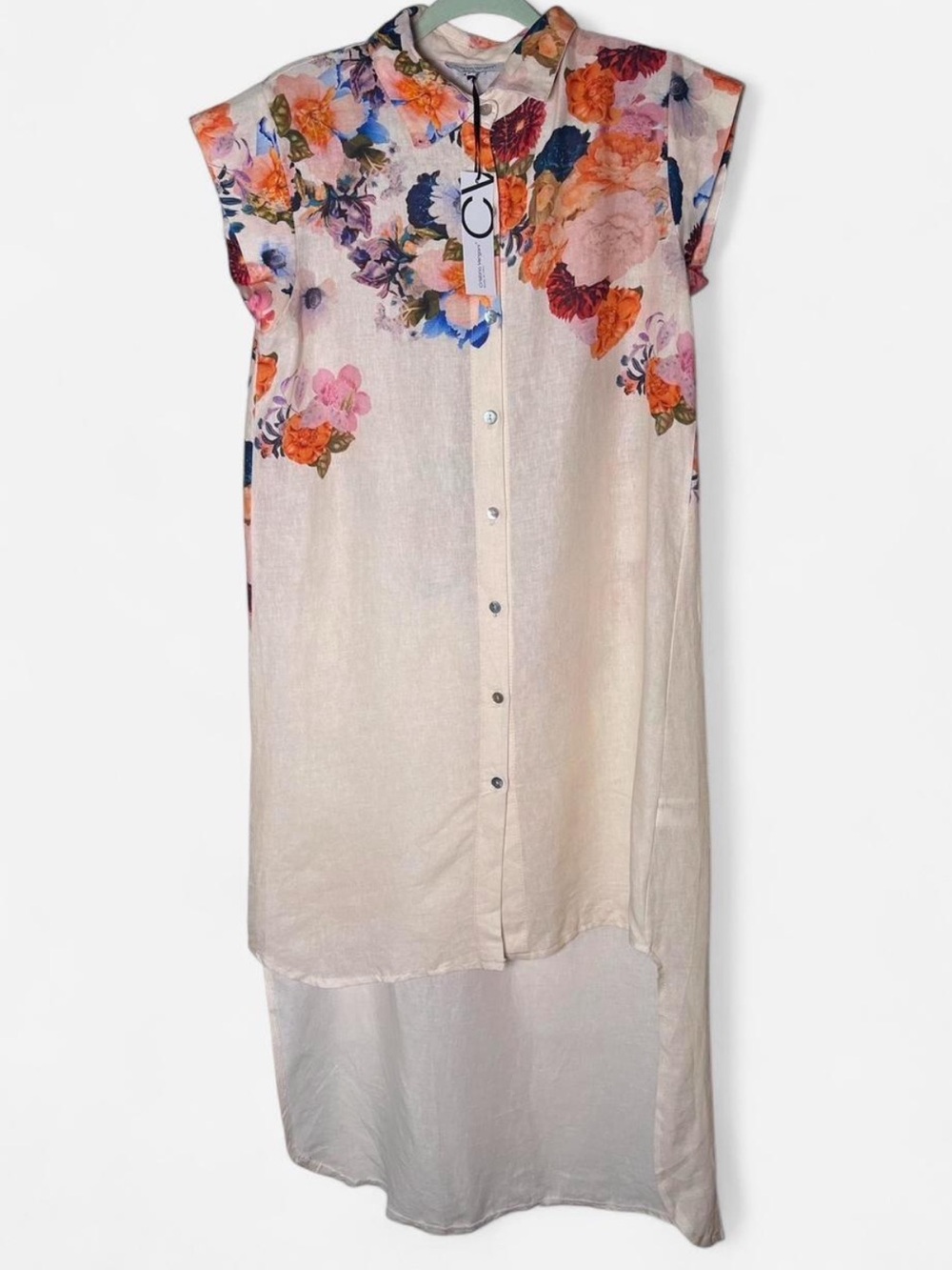 NWT Cristina vergani High Low Italian Linen blouse button down dress
